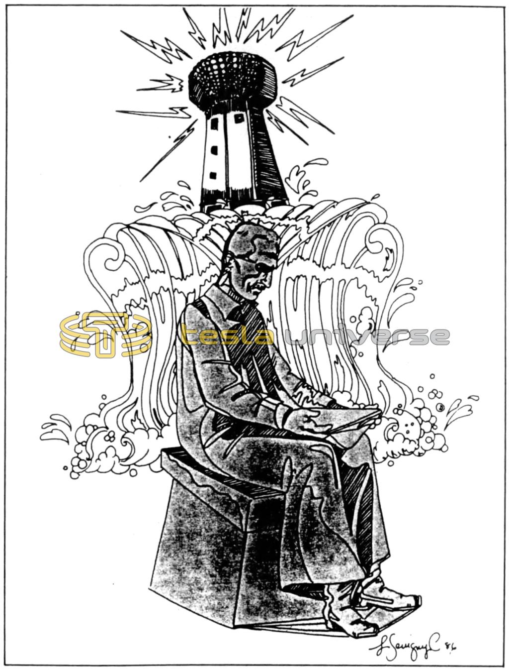 Drawing of Nikola Tesla Goat Island Statue and Wardenclyffe Tower