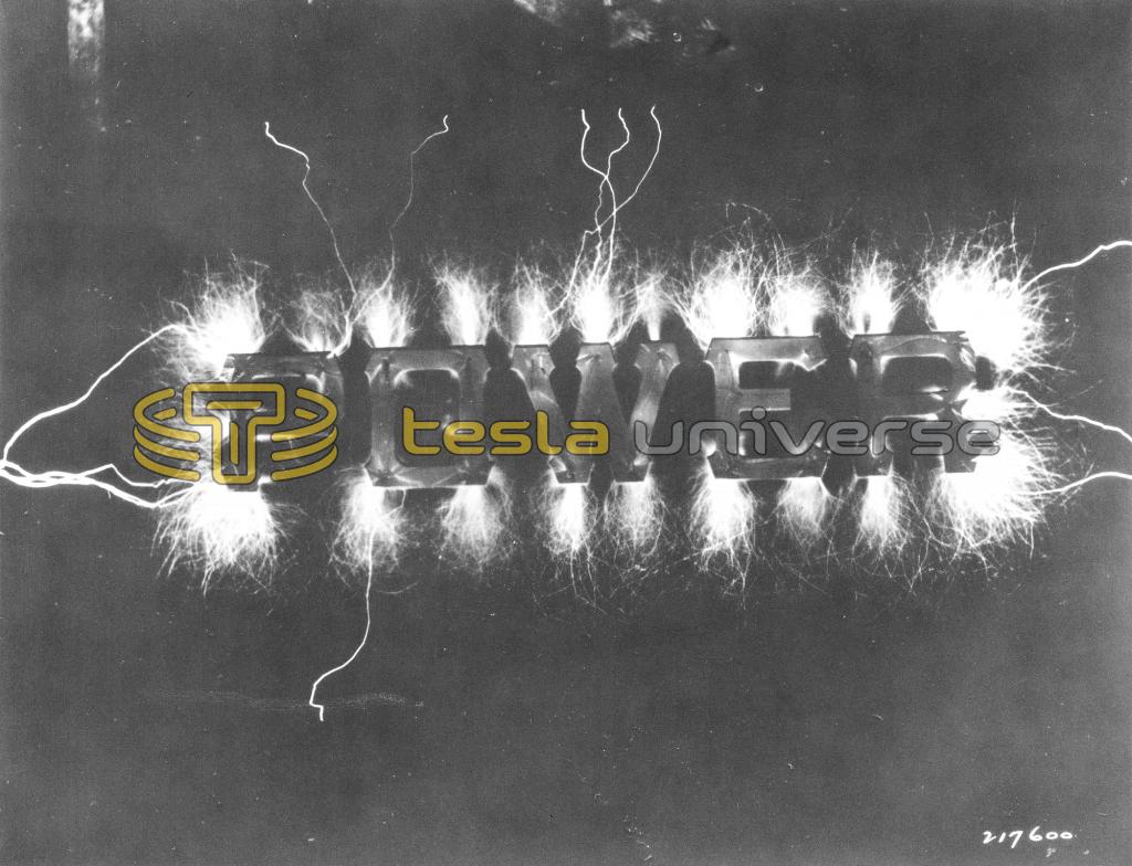 "POWER" sign announcing Tesla's personal display at the 1893 World's Fair.