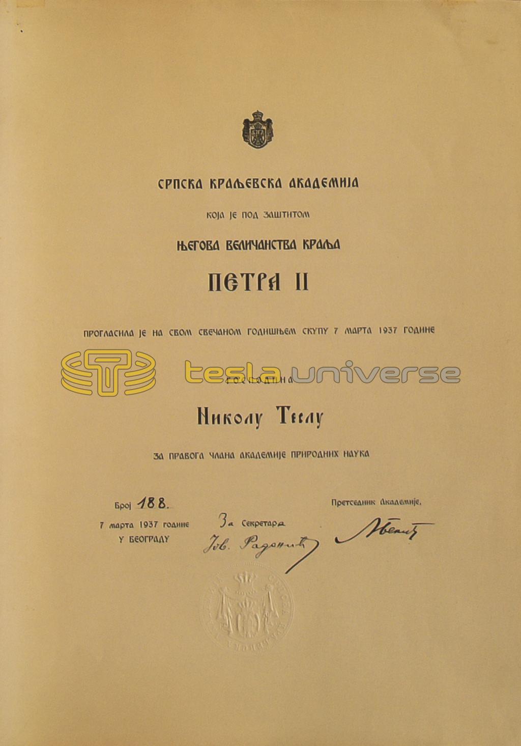 Certificate of permanent membership of the Serbian Royal Academy awarded to Tesla