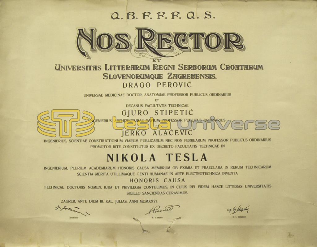 Certificate of honorary doctorate from the University of Zagreb