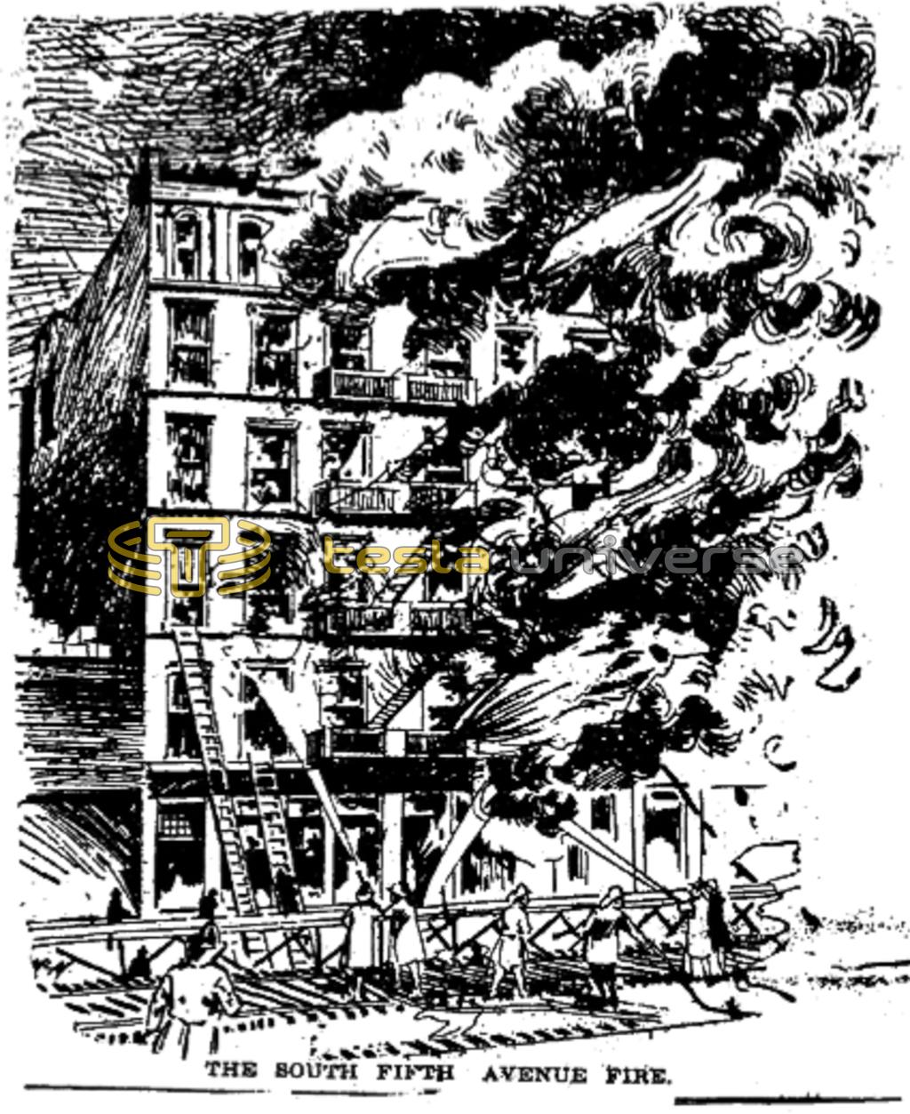 The fire of Tesla's New York laboratory at South 5th Ave.