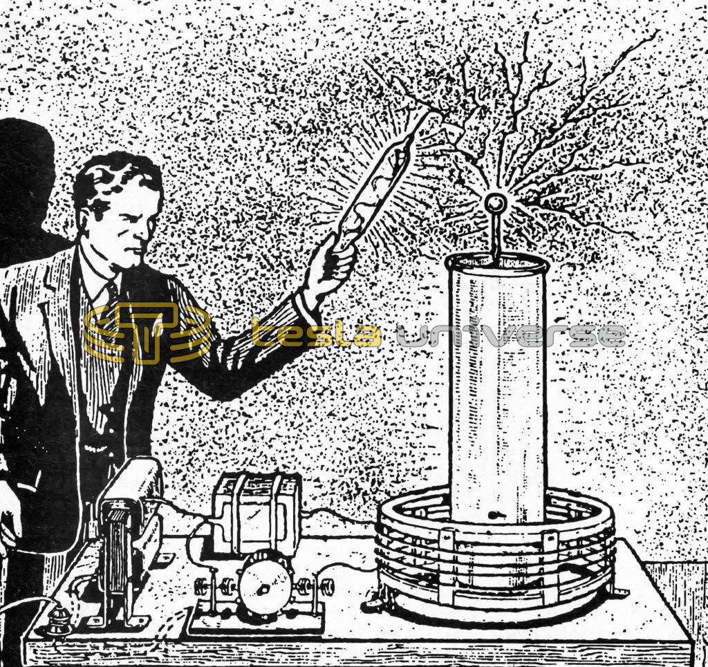 Sketch of running Tesla coil with operator accepting discharges
