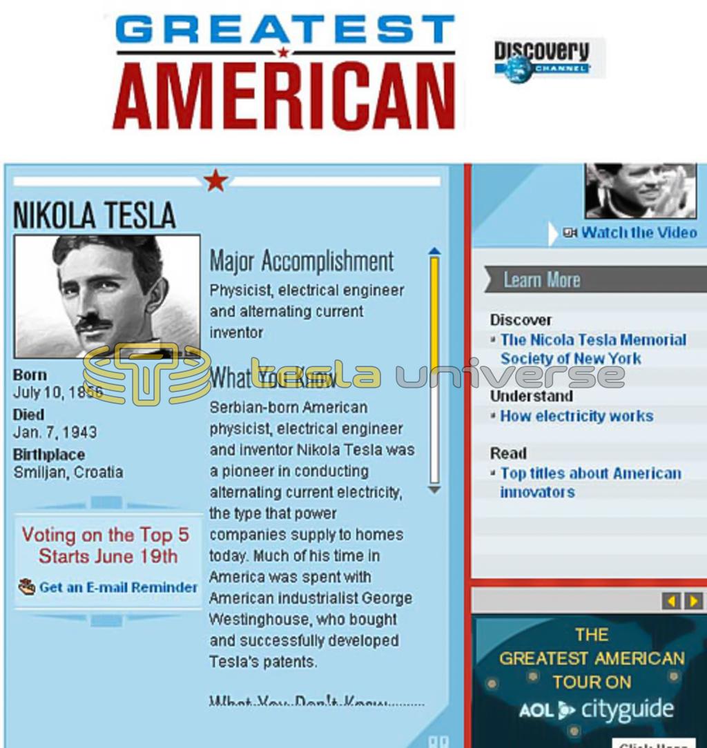 Discovery Channel's "The Greatest American" show ranked Tesla #97