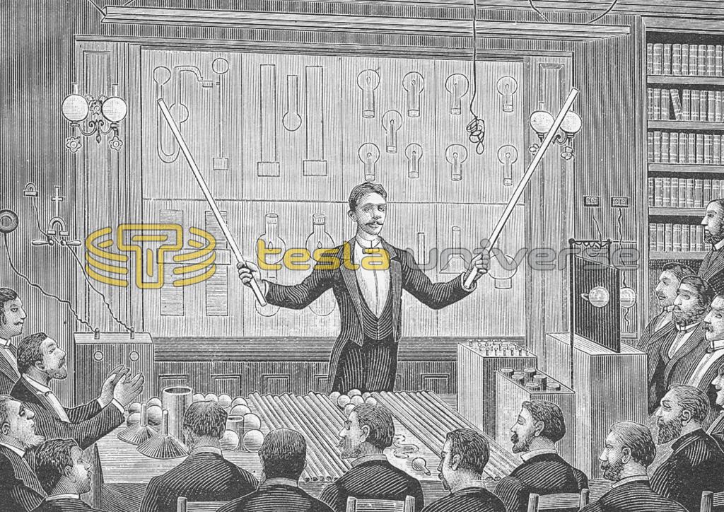 Illustration of Nikola Tesla lecturing in Paris