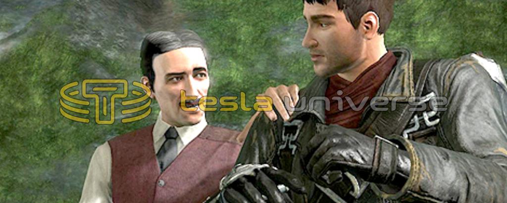 Screen grab of Nikola Tesla animation in Dark Void video game