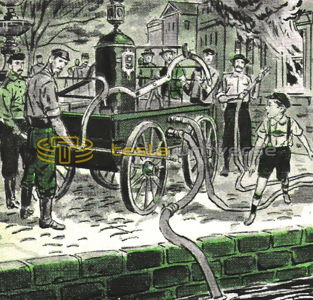 Illustration of heroic Nikola Tesla repairing fire hose clog as a child