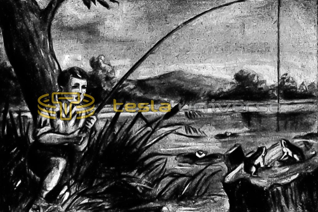 Drawing of Nikola Tesla as a child catching frogs