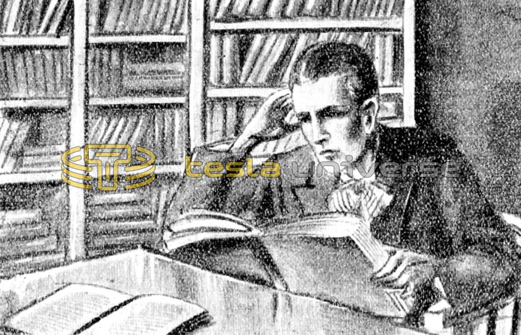 Illustration of Nikola Tesla studying in school