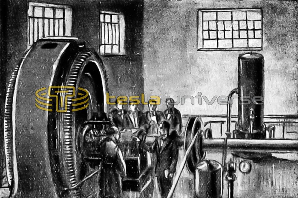 Illustration of Nikola Tesla with one of his large induction motors