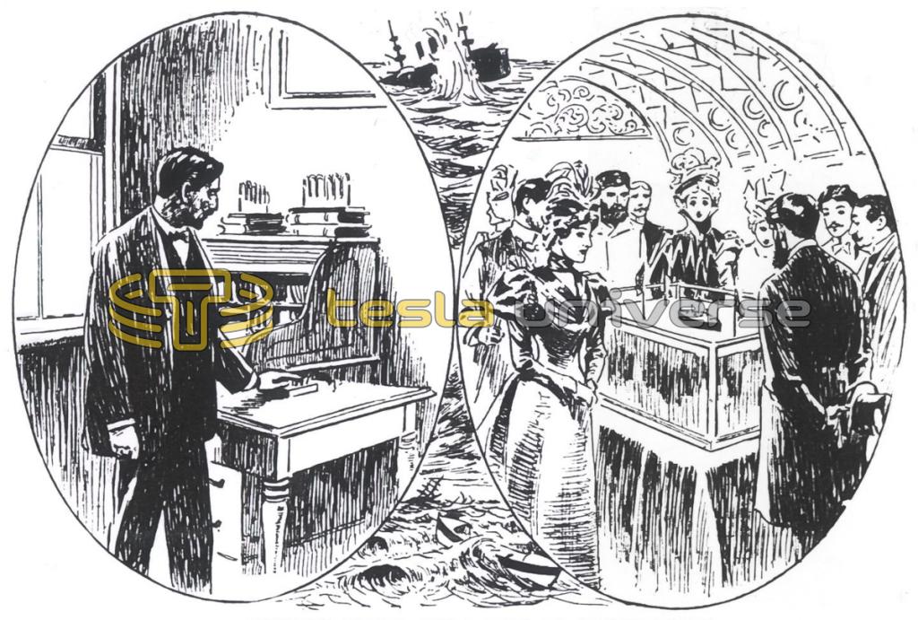 Illustration of Nikola Tesla operating his remote-controlled boat
