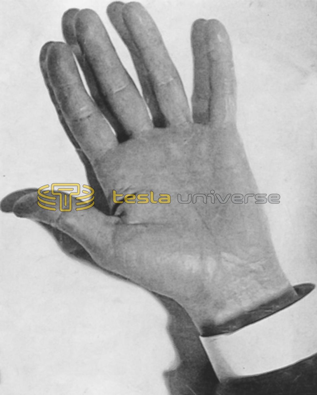 The hand of Nikola Tesla, photographed by his wonderful artificial daylight