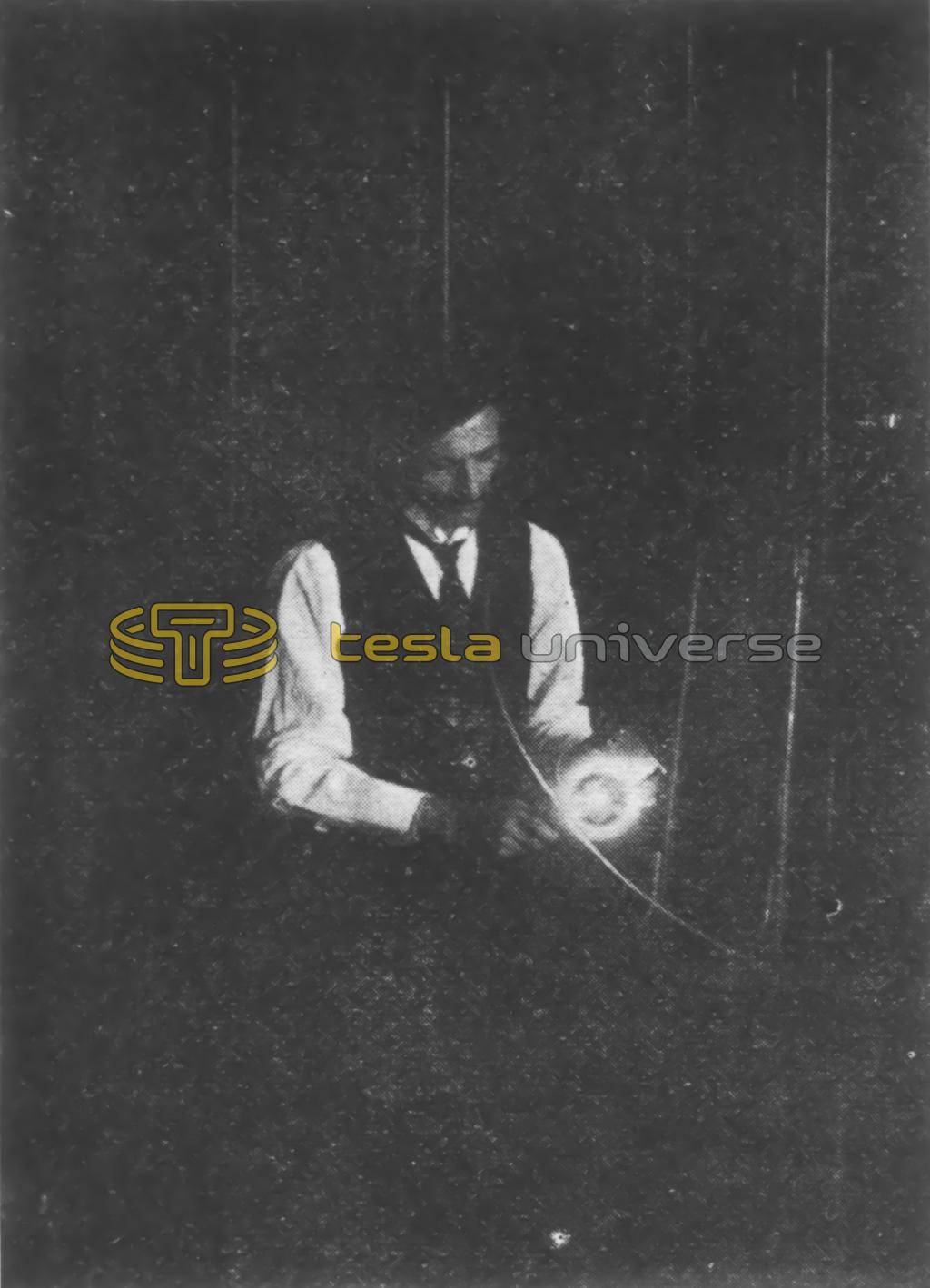 Nikola Tesla showing an incandescent lamp lighted by a synchronized circuit