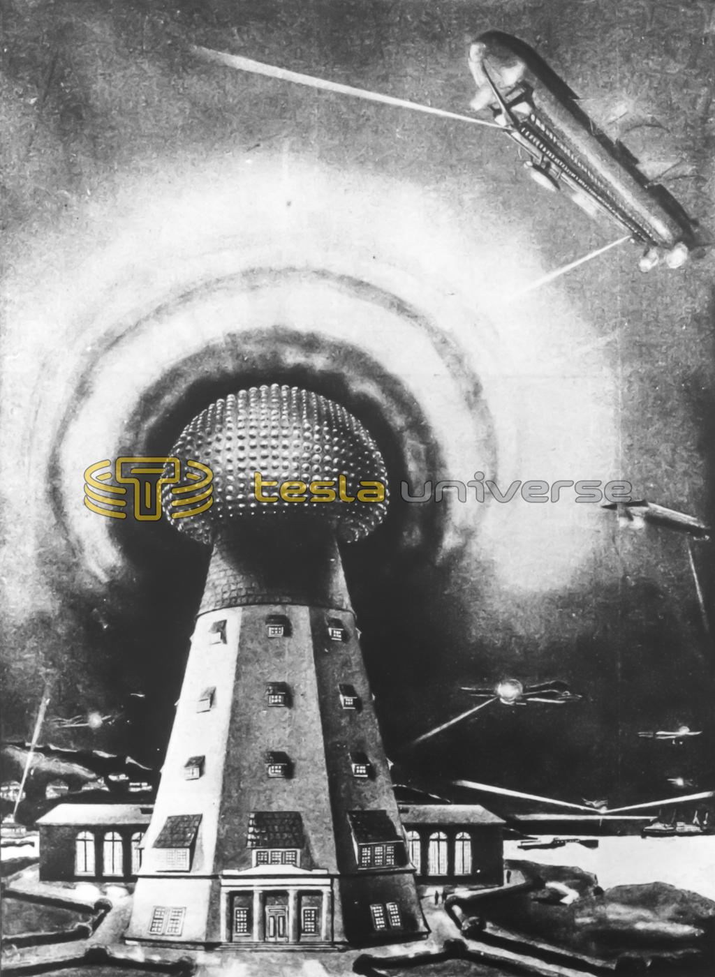 Illustration of Tesla's Wardenclyffe tower in full operation