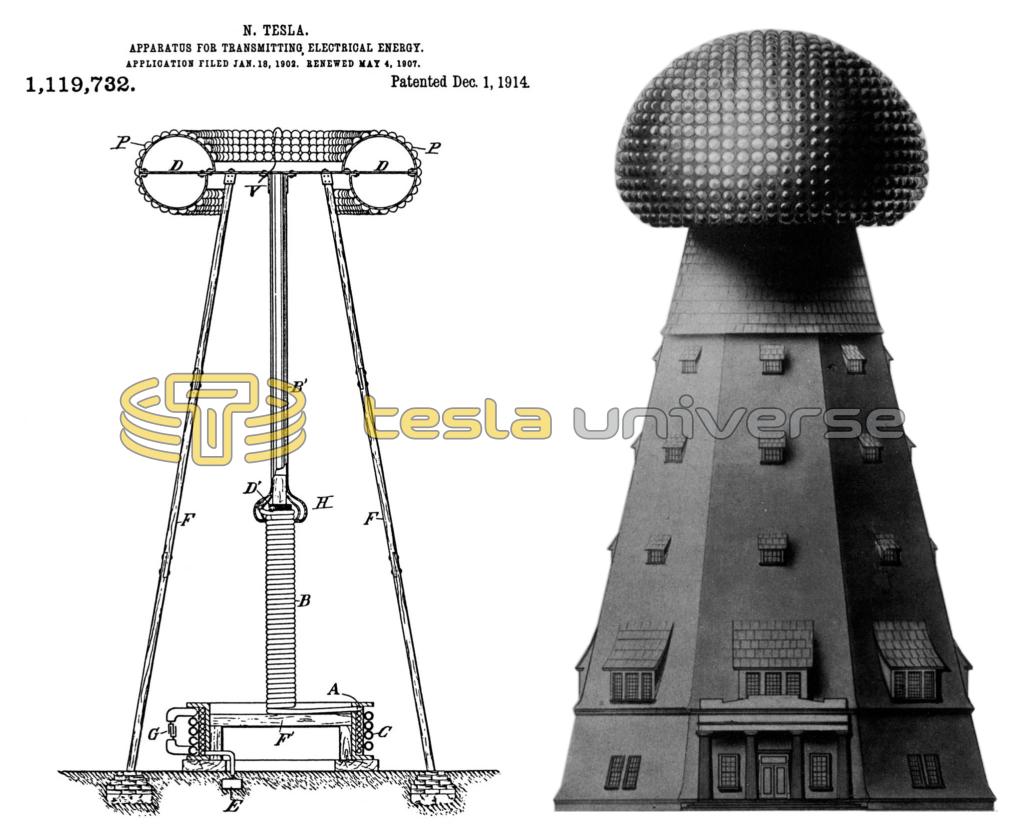 Comparison of the Tesla's Wardenclyffe tower patent drawing and artist's illustration