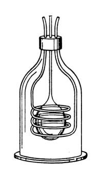 Exhausted Tesla bulb surrounded by primary coils, enclosed in bell jar
