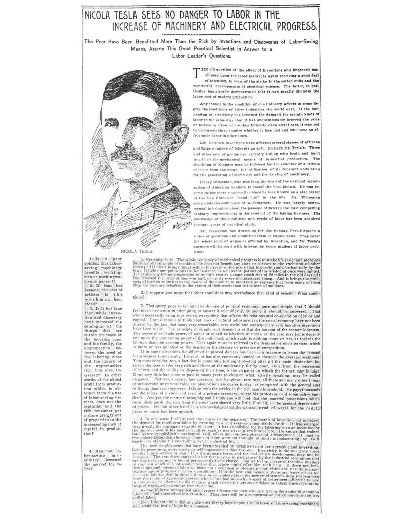 Preview of Nikola Tesla Sees No Danger to Labor in the Increase of Machinery and Electrical Progress article