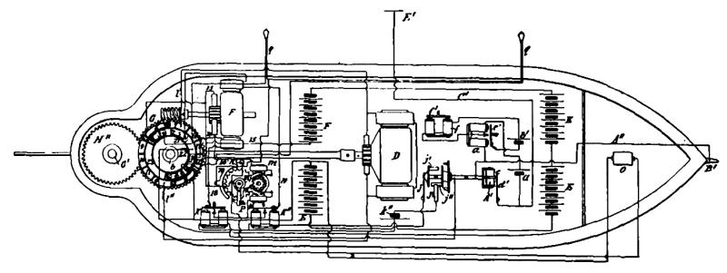 Boat patent sketch showing electrical circuit