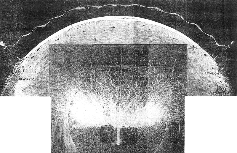 Drawing of Tesla's wireless telegraphy plan using balloons and towers