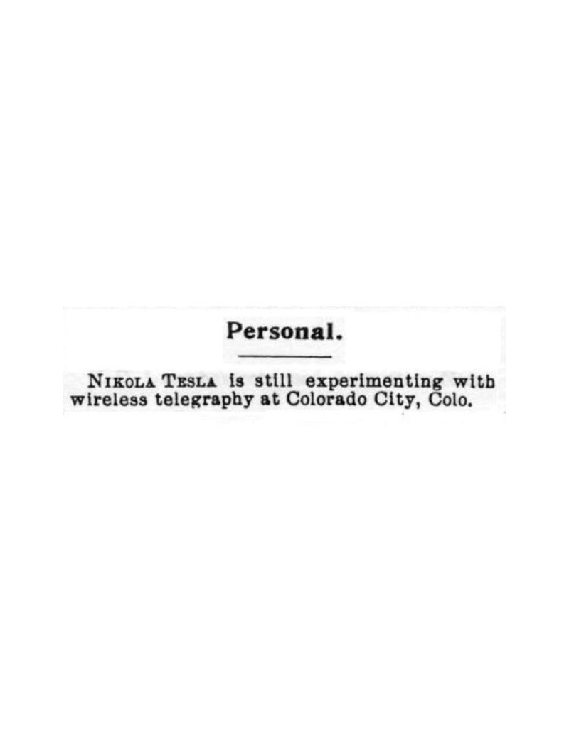 Preview of Nikola Tesla Still Experimenting at Colorado City article