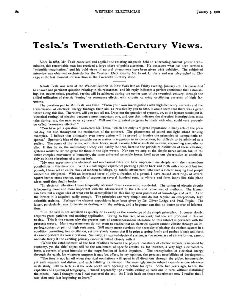 Preview of Tesla's Twentieth-Century Views article