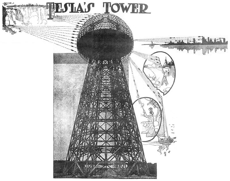 Wardenclyffe tower illustration showing power transmission