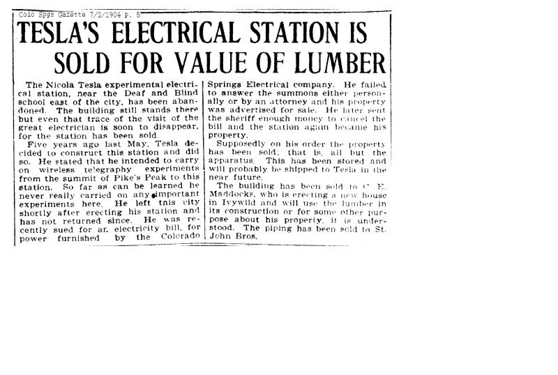 Preview of Tesla's Electrical Station Is Sold For Value Of Lumber article