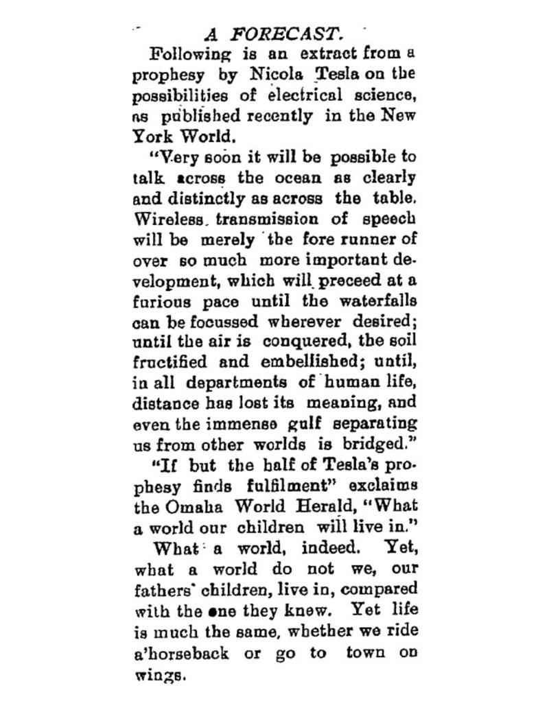 Preview of A Forecast of Prophesy by Nikola Tesla article