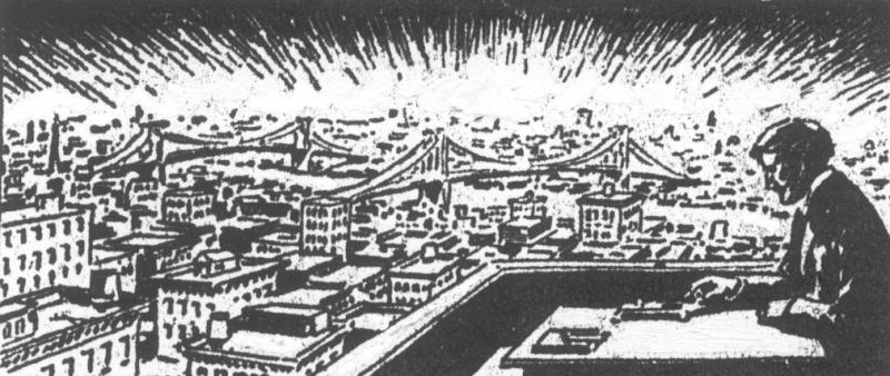 Illustration of Tesla overlooking a city lit by his wireless light