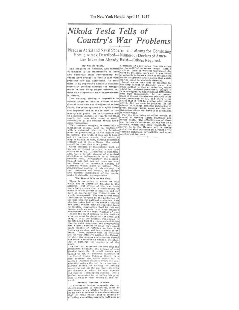 Preview of Nikola Tesla Tells of Country's War Problems article