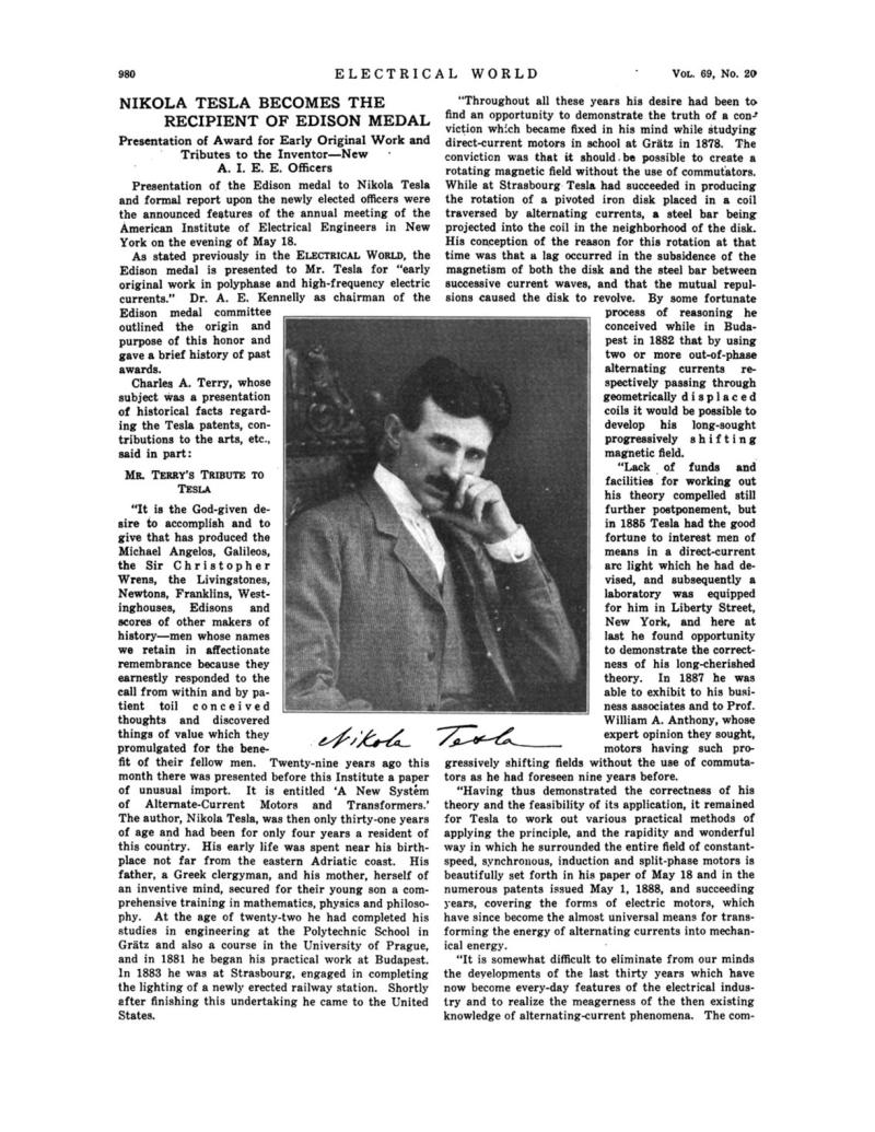 Preview of Nikola Tesla Becomes the Recipient of Edison Medal article