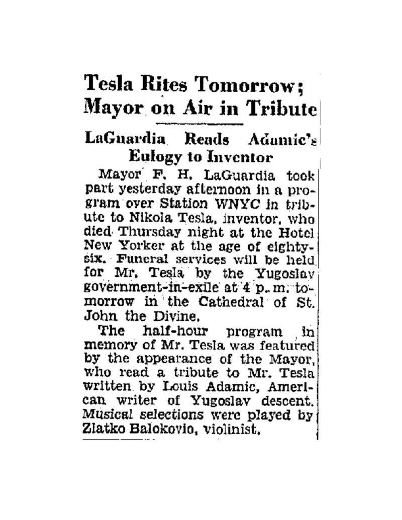 Preview of Tesla Rites Tomorrow; Mayor on Air in Tribute article