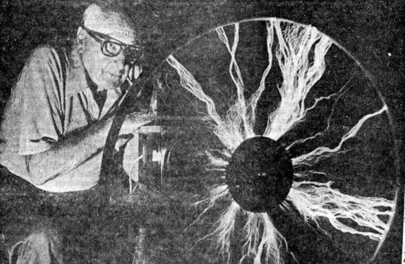 Ken Strickfaden with Tesla coil used in Frankenstein films