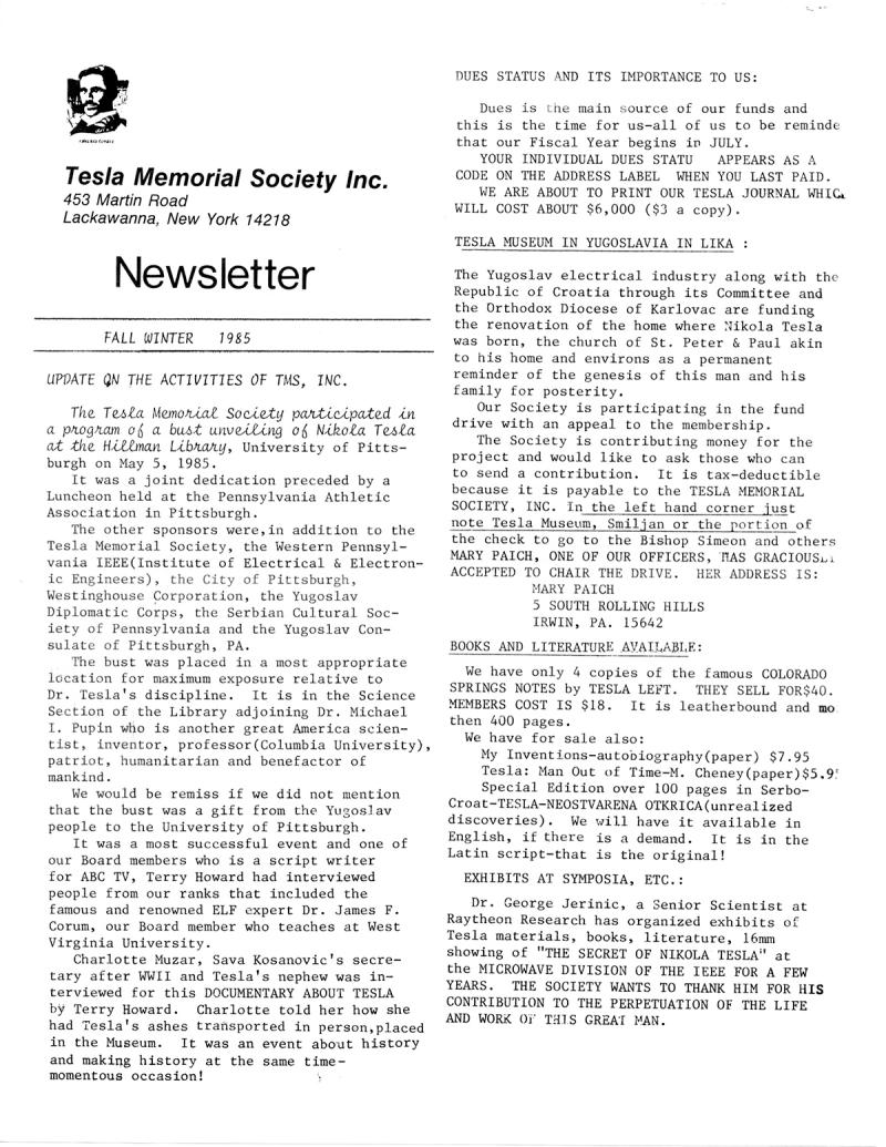 Tesla Memorial Society Newsletter - Fall/Winter 1985 - Page 1