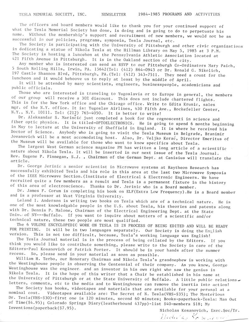 Tesla Memorial Society Newsletter - Fall/Winter 1985 - Page 3