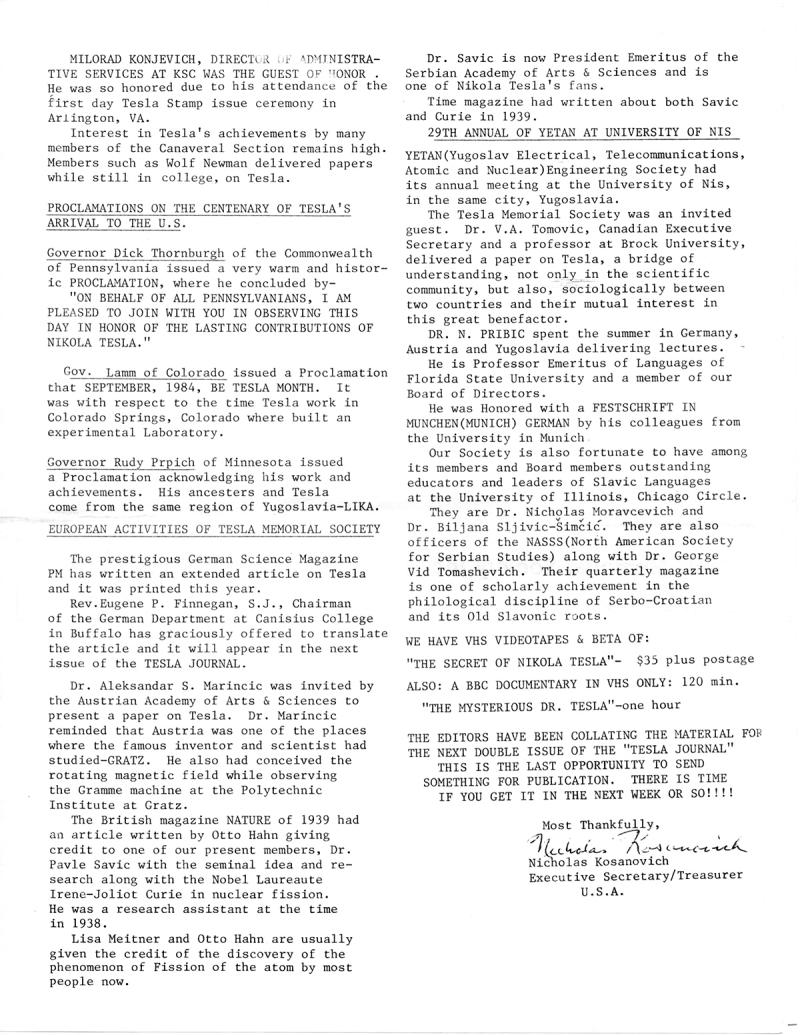 Tesla Memorial Society Newsletter - Fall/Winter 1985 - Page 4