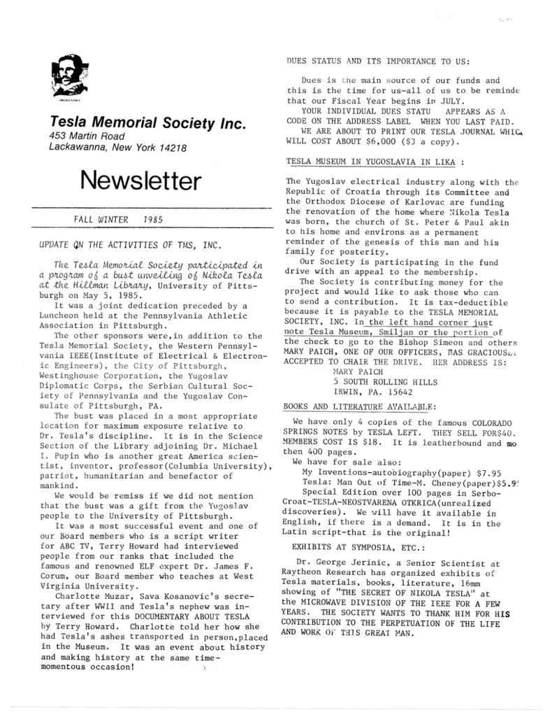Preview of Tesla Memorial Society Newsletter - Fall/Winter 1985 article