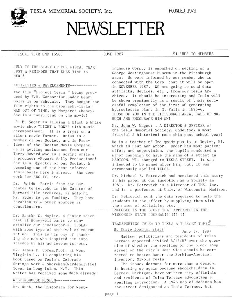 Tesla Memorial Society Newsletter - June 1987 - Page 1