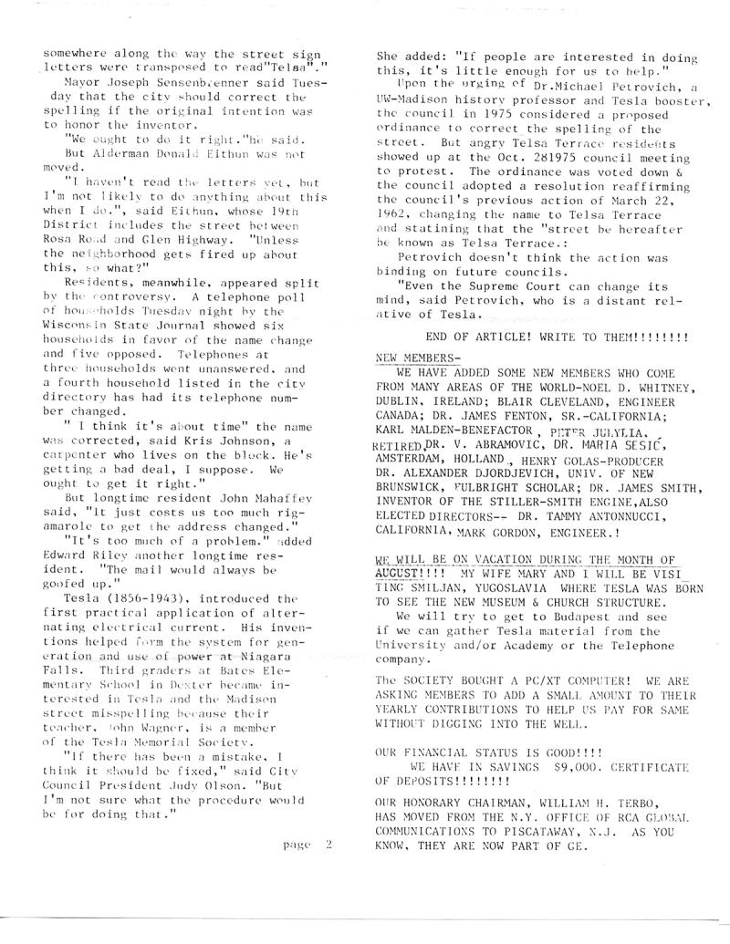 Tesla Memorial Society Newsletter - June 1987 - Page 2