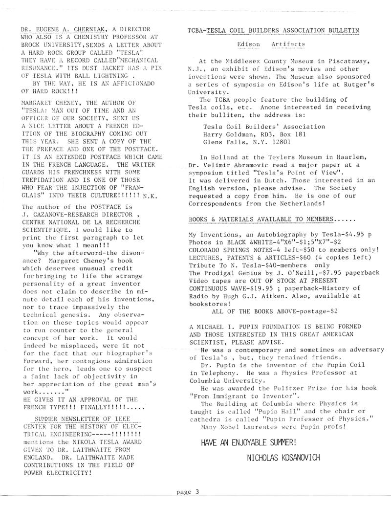 Tesla Memorial Society Newsletter - June 1987 - Page 3
