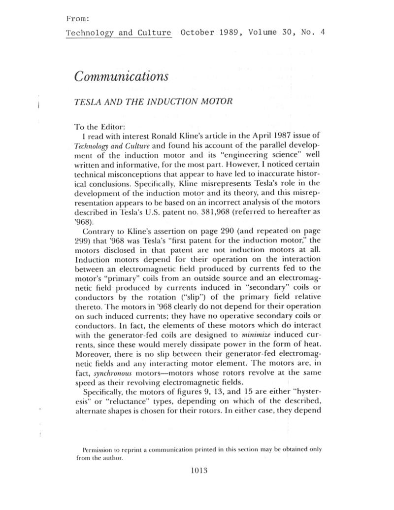 Preview of Communications - Tesla and the Induction Motor article