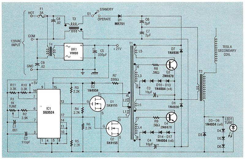 Schematic for the solid-state Tesla coil.
