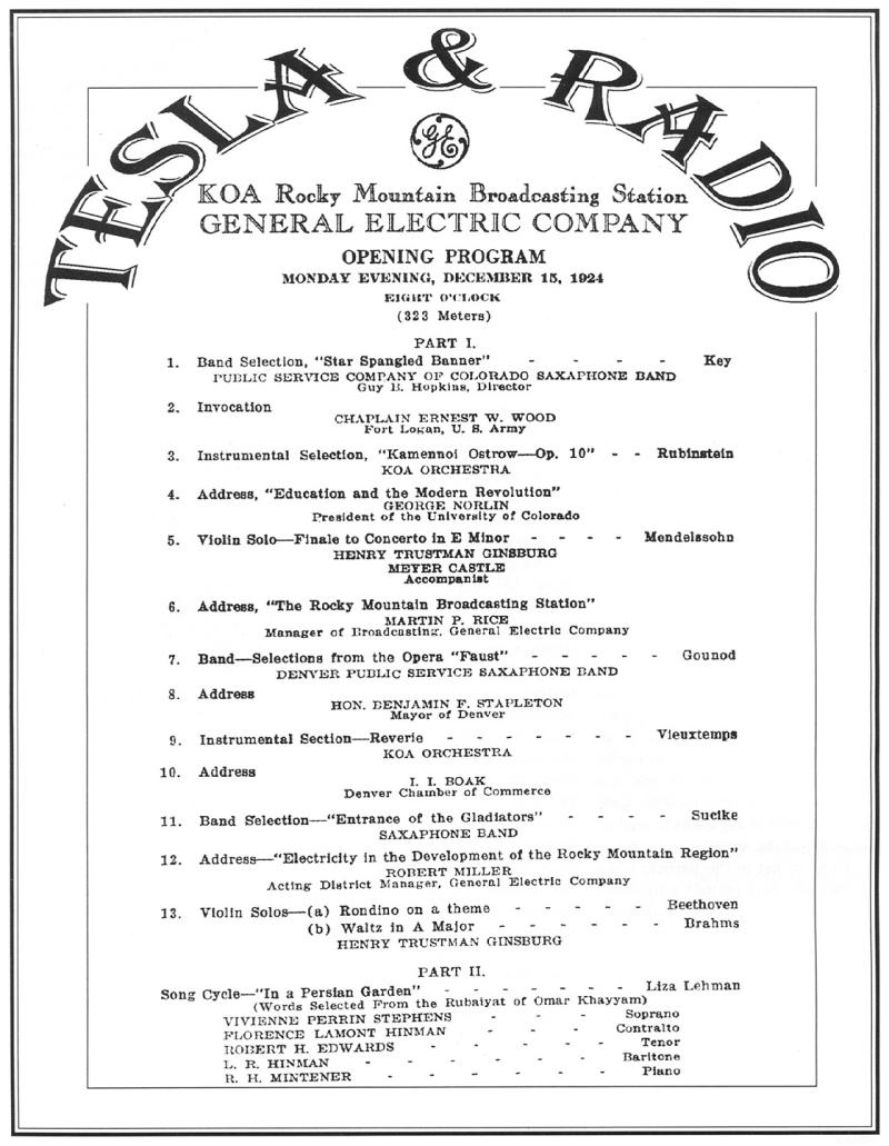 Program for KOA Denver's First Airing - December 15, 1924