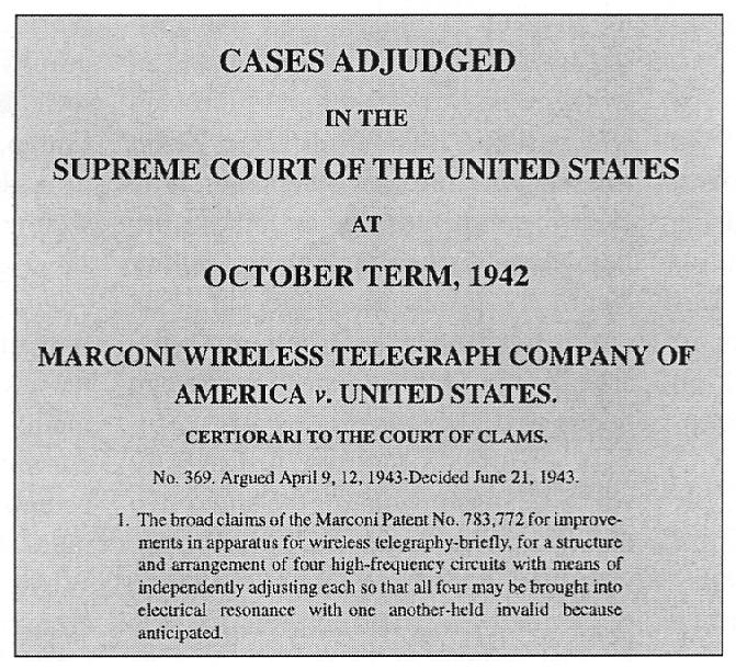 U.S. Supreme Court decision which found Marconi was anticipated by Tesla