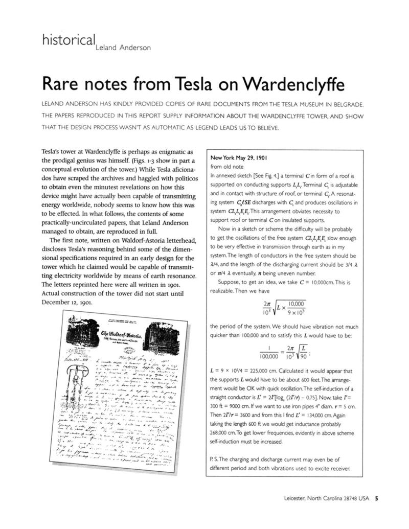 Preview of Rare notes from Tesla on Wardenclyffe article
