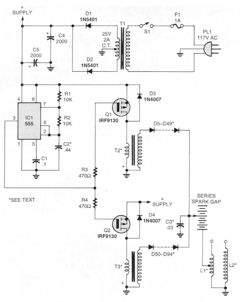 Solid-state Tesla coil schematic diagram.