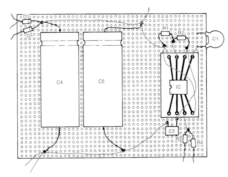 Solid-state Tesla coil component layout on perfboard.