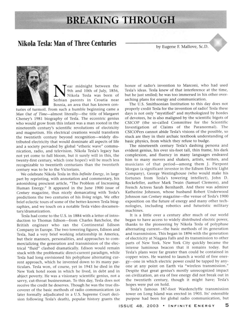 Preview of Nikola Tesla: Man of Three Centuries article