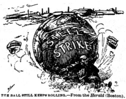 Cartoon showing steelworkers' strike ball rolling over Morgan