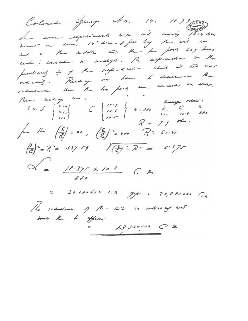 Nikola Tesla : Colorado Springs Notes - Nov. 14, 1899