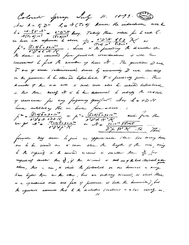 Nikola Tesla : Colorado Springs Notes - July 11, 1899